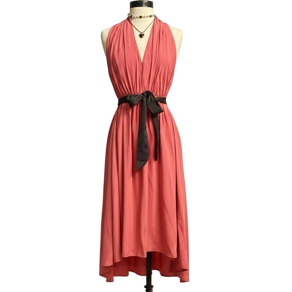 Coral Pink‎ Halter Midi Dress Small Vacation Party Flowy Romantic Feminine